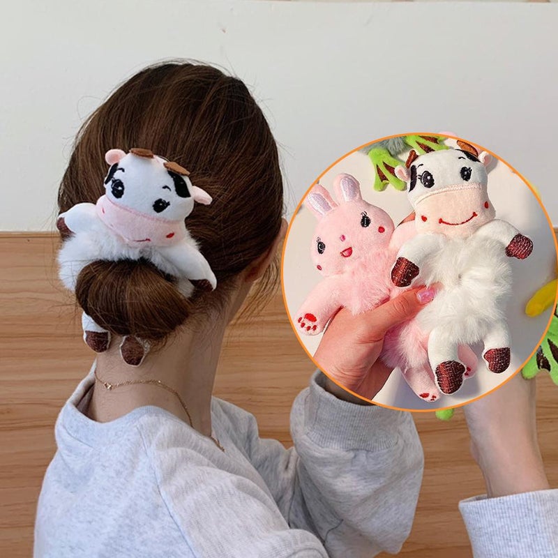 1pcs Cute Animal Scrunchies, 3D Animal Scrunchies Hair Ties, Cute Furry Frog Rabbit Panda Cat Cow Plush Hair Rope, Elastic Hair Bands Bun Maker Ponytail Holster Hair Styling Tools - Image 4